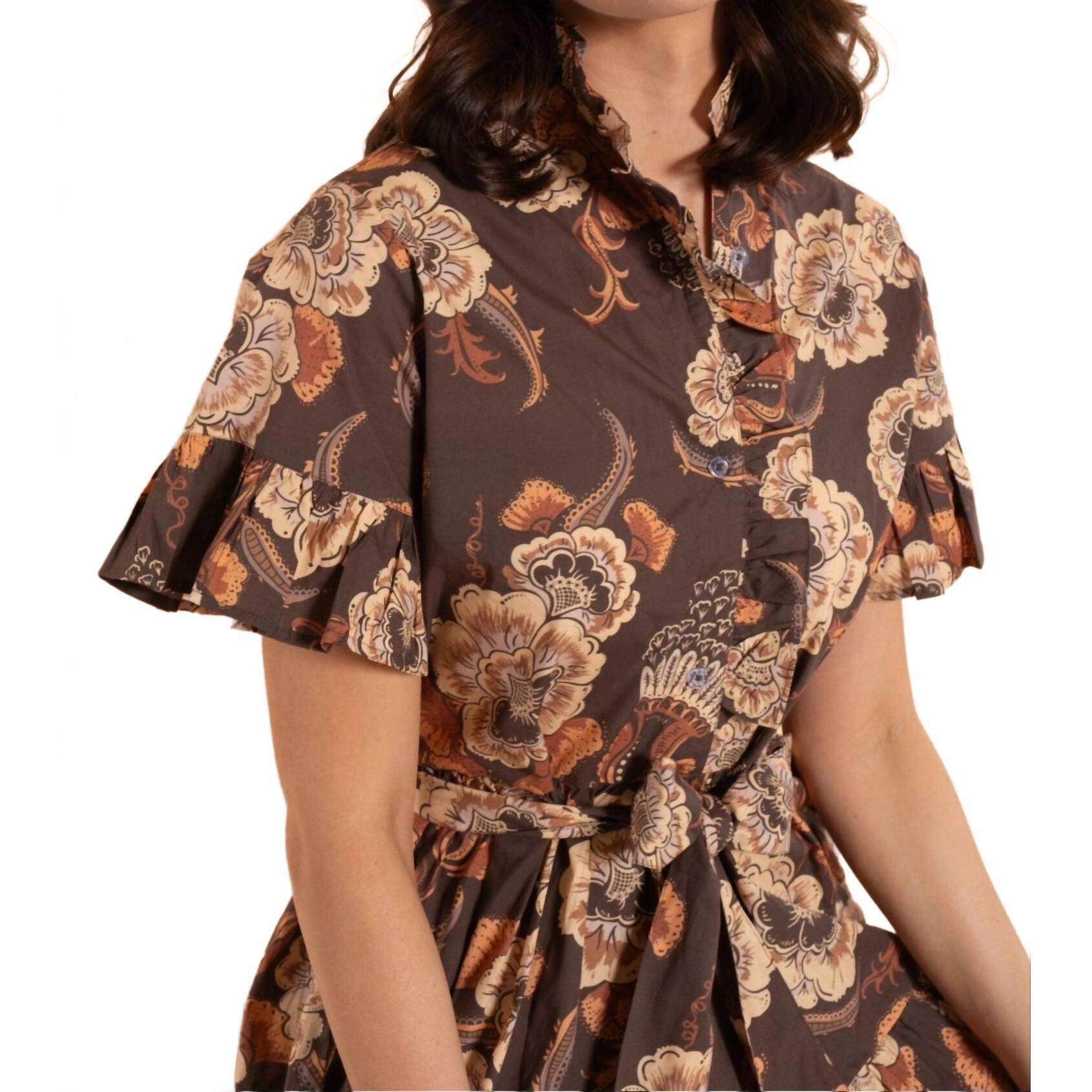 New Sheridan French Penny Short Sleeve Mini Dress In Mocha Flora — image 4 of 5
